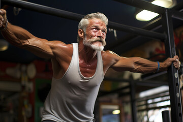 Fototapeta na wymiar An elderly mature bearded man is doing sports in the gym. Healthy lifestyle as an adult. AI generated.