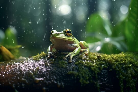 A frog resting in lush environment post-rainfall. Generative AI