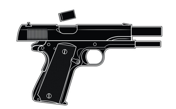 Vector illustration of the Colt 1911 automatic pistol with the breech in the rear position and the cartridge case falling out on a white background. Black. Right side.