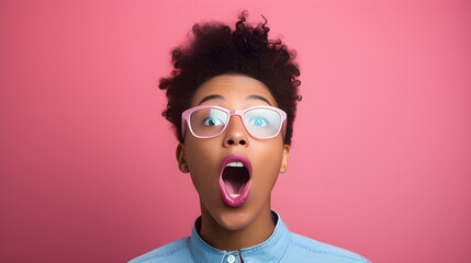 Strong emotions of a dark-skinned woman in a suit. Astonishment. Pink background. - obrazy, fototapety, plakaty