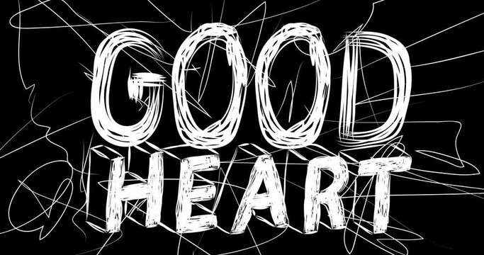 Good Heart word animation of old chaotic film strip with grunge effect. Busy destroyed TV, video surface, vintage screen white scratches, cuts, dust and smudges.