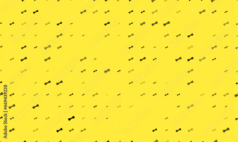 Poster seamless background pattern of evenly spaced black dog bone symbols of different sizes and opacity. 