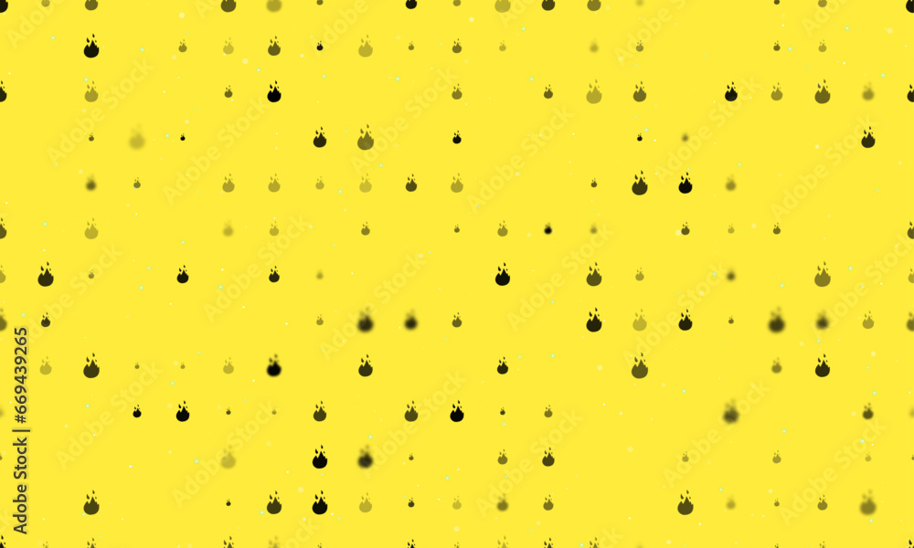 Poster seamless background pattern of evenly spaced black fire symbols of different sizes and opacity. vect