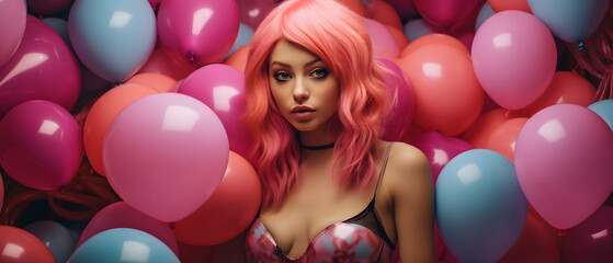 Fototapeta na wymiar Pink Dreams: Girl with Pink Balloons