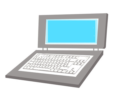 Portátil gris con teclado blanco y pantalla abierta con espacio para escribir o añadir texto. Ilustración de ordenador portatil con teclado y pantalla vacía. Imagen sin fondo.