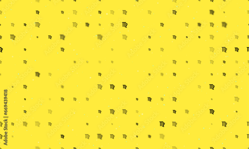 Poster seamless background pattern of evenly spaced black zodiac virgo symbols of different sizes and opaci