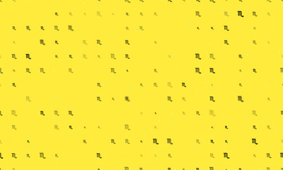 Seamless background pattern of evenly spaced black zodiac scorpio symbols of different sizes and opacity. Vector illustration on yellow background with stars