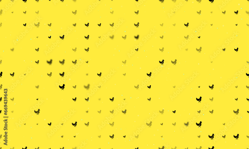 Poster Seamless background pattern of evenly spaced black chicken symbols of different sizes and opacity. Vector illustration on yellow background with stars