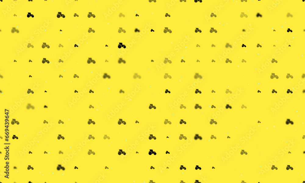 Poster seamless background pattern of evenly spaced black tractor symbols of different sizes and opacity. v