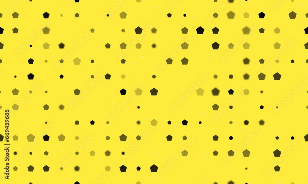 Poster seamless background pattern of evenly spaced black pentagon symbols of different sizes and opacity. 