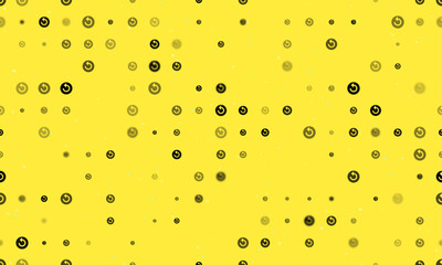 Seamless background pattern of evenly spaced black replay media symbols of different sizes and opacity. Vector illustration on yellow background with stars