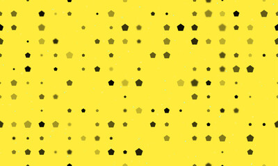 Seamless background pattern of evenly spaced black pentagon symbols of different sizes and opacity. Vector illustration on yellow background with stars