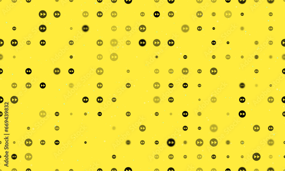 Poster seamless background pattern of evenly spaced black fast forward symbols of different sizes and opaci