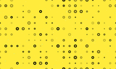 Seamless background pattern of evenly spaced black record media symbols of different sizes and opacity. Vector illustration on yellow background with stars