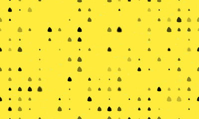 Seamless background pattern of evenly spaced black poop symbols of different sizes and opacity. Vector illustration on yellow background with stars