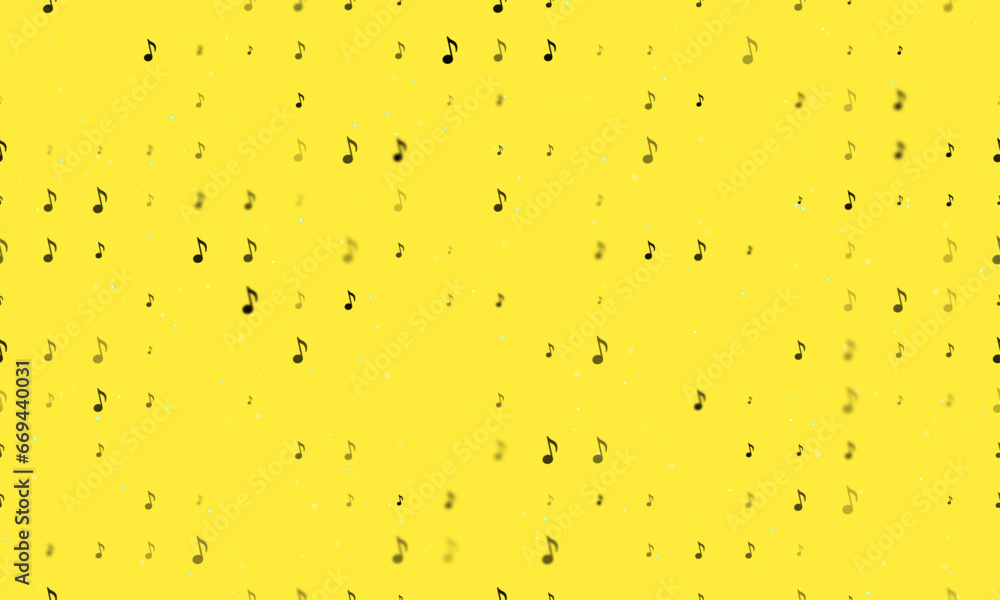 Poster seamless background pattern of evenly spaced black musical note symbols of different sizes and opaci