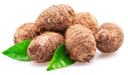 Raw organic eddoe or taro corms isolated on white background.