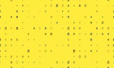 Seamless background pattern of evenly spaced black bonfire symbols of different sizes and opacity. Vector illustration on yellow background with stars