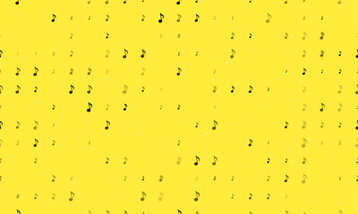 Seamless background pattern of evenly spaced black musical note symbols of different sizes and opacity. Vector illustration on yellow background with stars