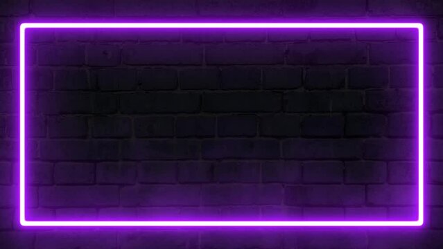 Square neon frame purple color at dark brick wall background. Glowing neon frame in retro 80s - 90s style. Colored neon sign with empty space. Futuristic Sci Fi Modern Neon with smoke or fog clouds
