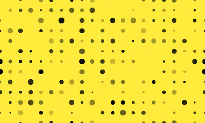 Seamless background pattern of evenly spaced black octagon symbols of different sizes and opacity. Vector illustration on yellow background with stars