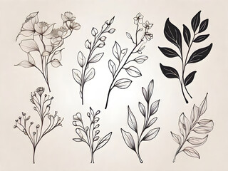 Floral branch and minimalist flowers for logo or tattoo. Hand drawn line wedding herb  elegant leaves