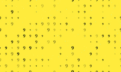 Seamless background pattern of evenly spaced black number nine symbols of different sizes and opacity. Vector illustration on yellow background with stars