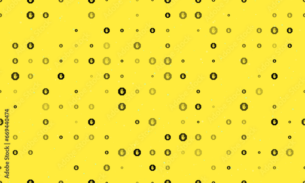 Poster seamless background pattern of evenly spaced black stop hand symbols of different sizes and opacity.