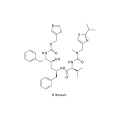 Ritonavir flat skeletal molecular structure Protease inhibitor antivral drug used in HIV treatment. Vector illustration scientific diagram.