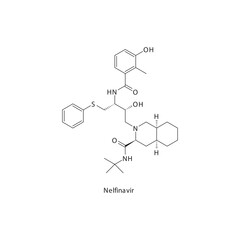 Nelfinavir flat skeletal molecular structure Protease inhibitor antivral drug used in HIV treatment. Vector illustration scientific diagram.