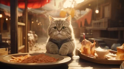Deurstickers Сute cat sells street food on the streets of asian town © Nonna