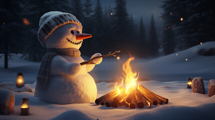A snowman in a scarf sits next to a campfire in a snowy forest - obrazy, fototapety, plakaty