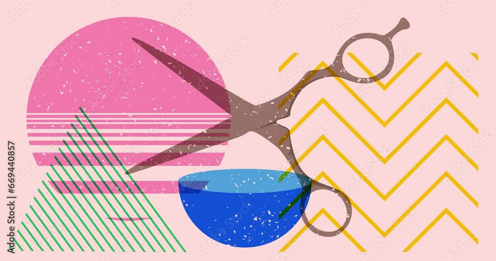 Poster risograph scissor with geometric shapes animation. moving object in trendy riso graph design video.