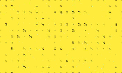 Seamless background pattern of evenly spaced black half fraction symbols of different sizes and opacity. Vector illustration on yellow background with stars - obrazy, fototapety, plakaty