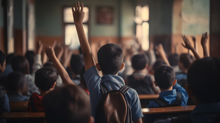 The students in the classroom raised their hands to compete to answer the teacher's question. - obrazy, fototapety, plakaty