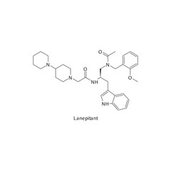Lanepitant  flat skeletal molecular structure Neurokinin receptor antagonist NKI1 drug used in Analgesia, migraine, arthritis pain treatment. Vector illustration scientific diagram.