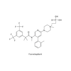 Fosnetupitant flat skeletal molecular structure Neurokinin receptor antagonist NKI1 drug used in Nausea, vomiting treatment. Vector illustration scientific diagram.