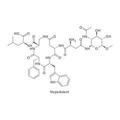 Nepadutant  flat skeletal molecular structure Neurokinin receptor antagonist NKI2 drug used in Gastrointestinal disorders, asthma treatment. Vector illustration scientific diagram.