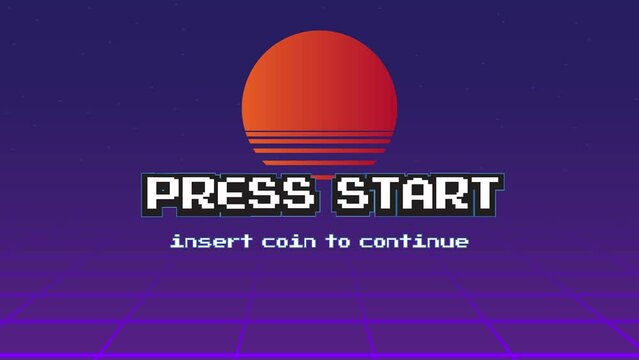 PRESS START INSERT A COIN TO CONTINUE .pixel art .8 bit game.retro game. for game assets in vector illustrations.Retro Futurism Sci-Fi Background. glowing neon grid.and stars from vintage arcade comp