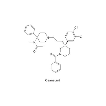Osanetant&nbsp; flat skeletal molecular structure Neurokinin receptor antagonist NKI3 drug used in Schizophrenia treatment. Vector illustration scientific diagram.