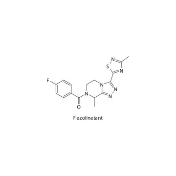 Fezolinetant flat skeletal molecular structure Neurokinin receptor antagonist NKI3 drug used in Hot flashes, menopause symptoms treatment. Vector illustration scientific diagram.