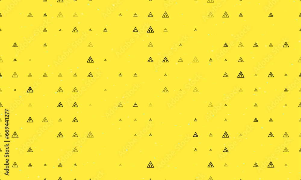 Poster seamless background pattern of evenly spaced black road narrowing signs of different sizes and opaci