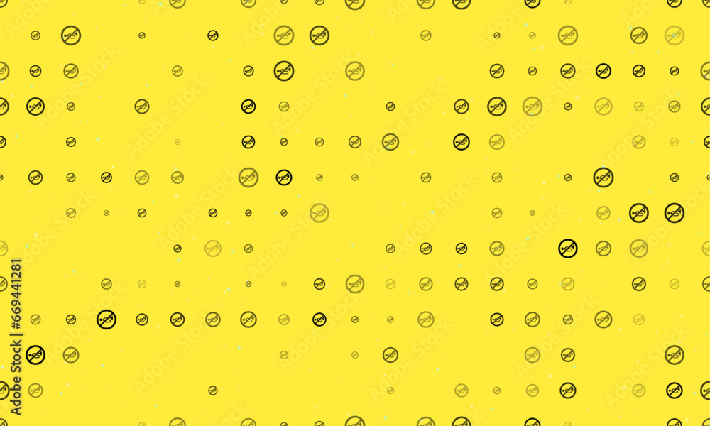 Poster seamless background pattern of evenly spaced black horning prohibited signs of different sizes and o