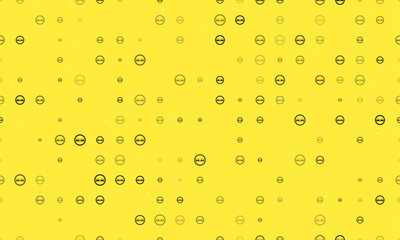 Seamless background pattern of evenly spaced black no overtaking signs of different sizes and opacity. Vector illustration on yellow background with stars