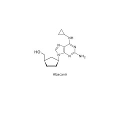 Abacavir flat skeletal molecular structure Reverse-transcriptase inhibitor drug used in HIV treatment. Vector illustration scientific diagram.