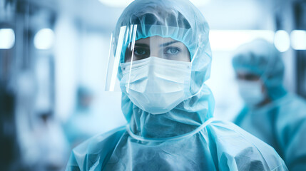 Double Exposure photography of closeup doctor and hospital operating room. Doctor in surgical gown concept.