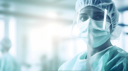 Double Exposure photography of closeup doctor and hospital operating room. Doctor in surgical gown concept. - obrazy, fototapety, plakaty