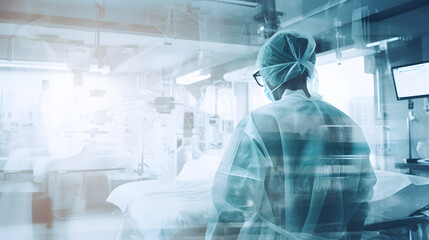 Double Exposure photography of closeup doctor and hospital operating room. Doctor in surgical gown concept.