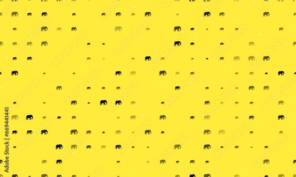 Poster seamless background pattern of evenly spaced black elephant symbols of different sizes and opacity. 