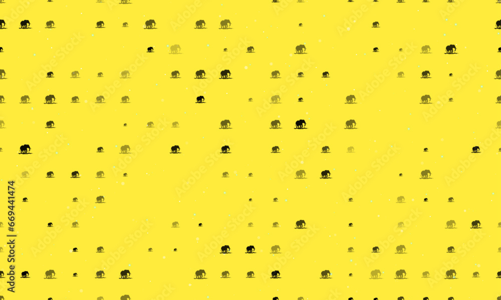 Poster seamless background pattern of evenly spaced black wild elephant symbols of different sizes and opac